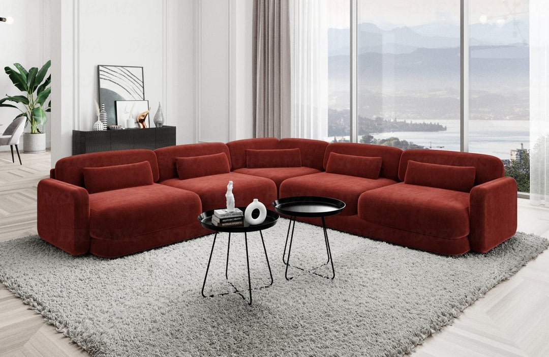Luxus Eckcouch Valencia L Form mit Samtstoffbezug - Rot