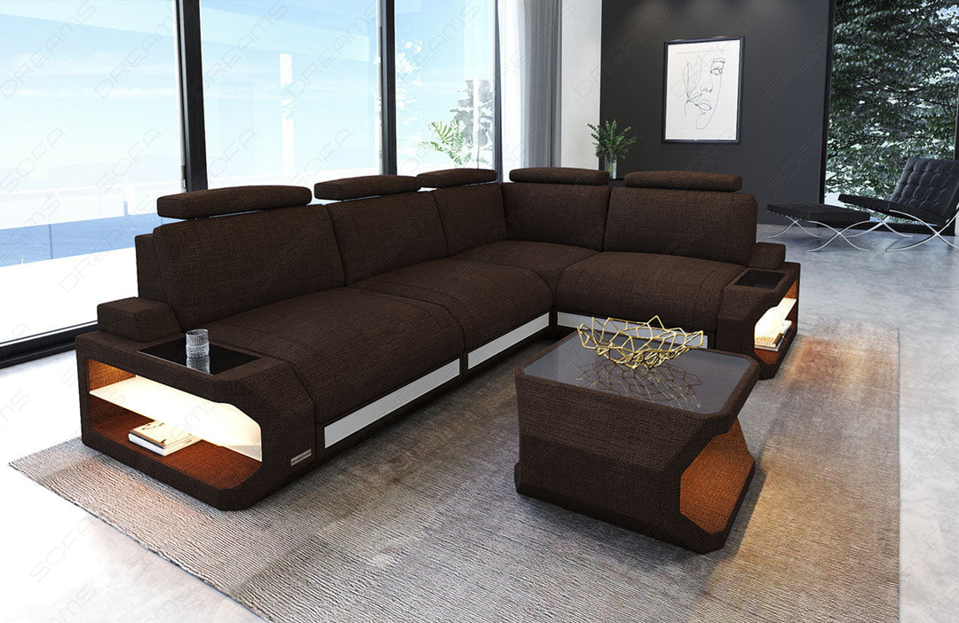 Stoff Eckcouch Siena L Form in braun - Hugo8 Strukturstoff