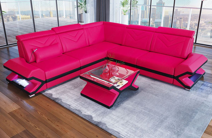 Ledersofa Sorrento Mini L Form mit LED in pink-schwarz