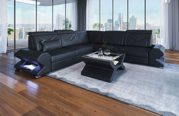 Ledersofa Sorrento Mini L Form mit LED in schwarz