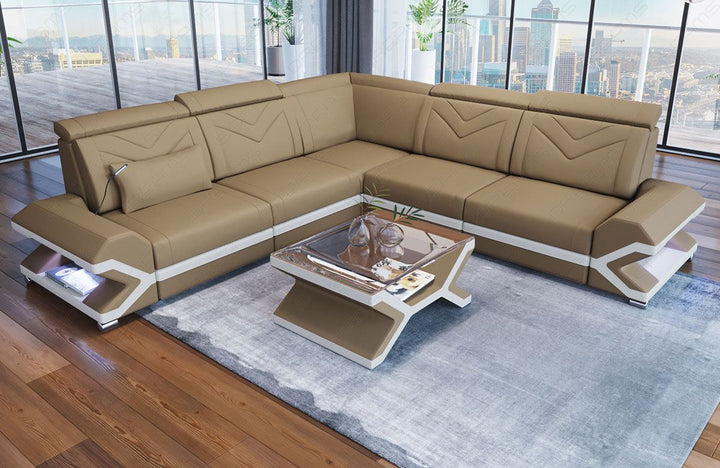 Mini L Form Sofa Sorrento mit LED und Stoffbezug in cappuccino - Mineva6