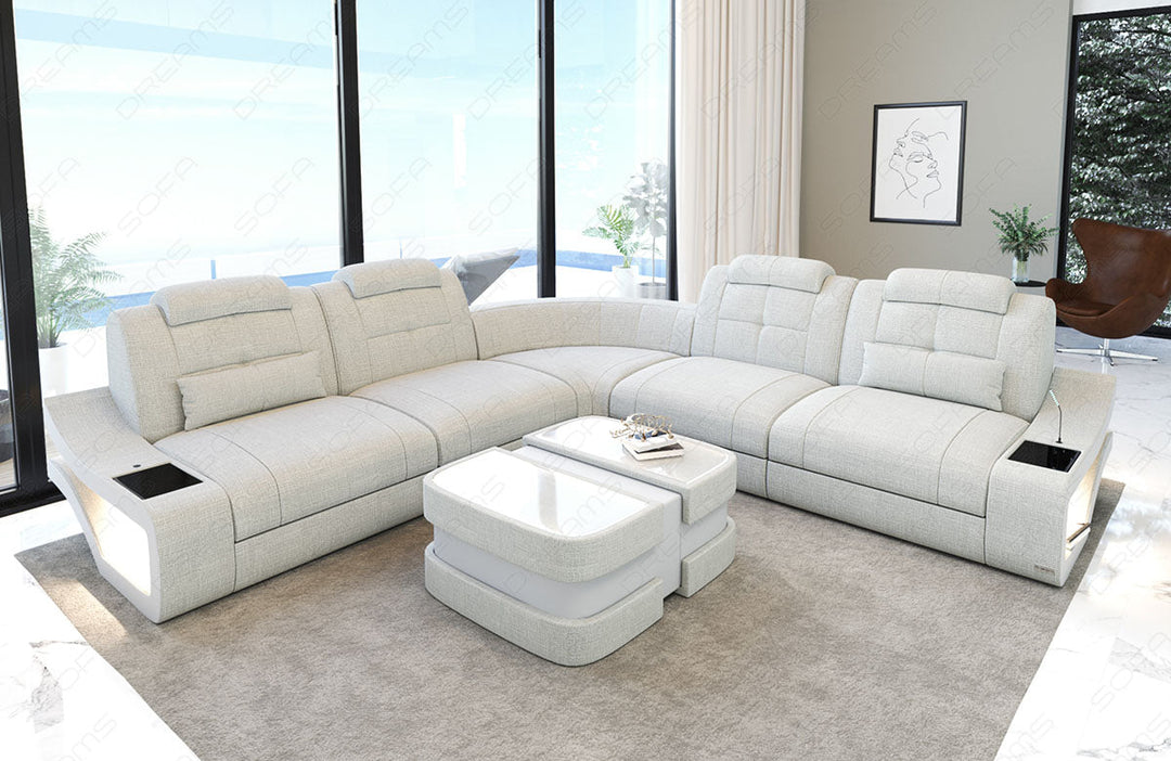 Sofa Elena Mini in der langen L Form mit Stoffbezug in elfenbein - Hugo1 Strukturstoff