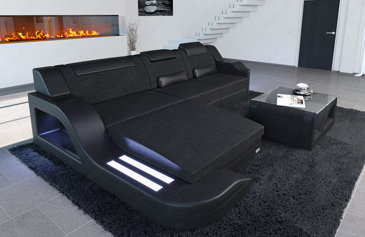 Polstersofa Palermo L Form mit LED in schwarz - Hugo14 Strukturstoff