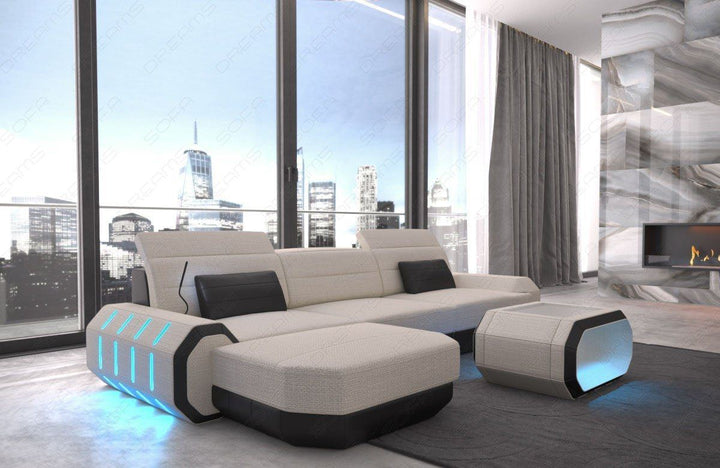Stoffsofa Roma Mini L Form Sofa mit LED und USB Anschluss in elfenbein - Hugo1 Strukturstoff