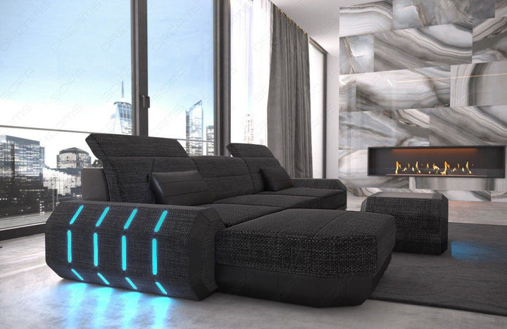 Stoffsofa Roma Mini L Form Sofa mit LED und USB Anschluss in schwarz-grau - Hugo12 Strukturstoff