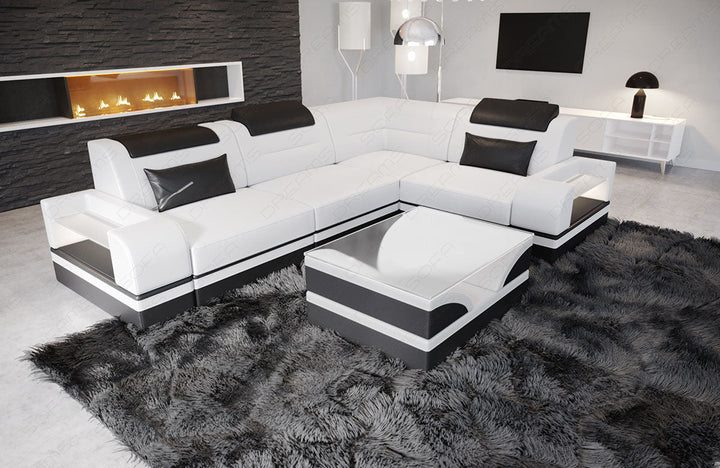 Leder Ecksofa Trivento L Form kurz in weiÃŸ-schwarz mit LED-Beleuchtung