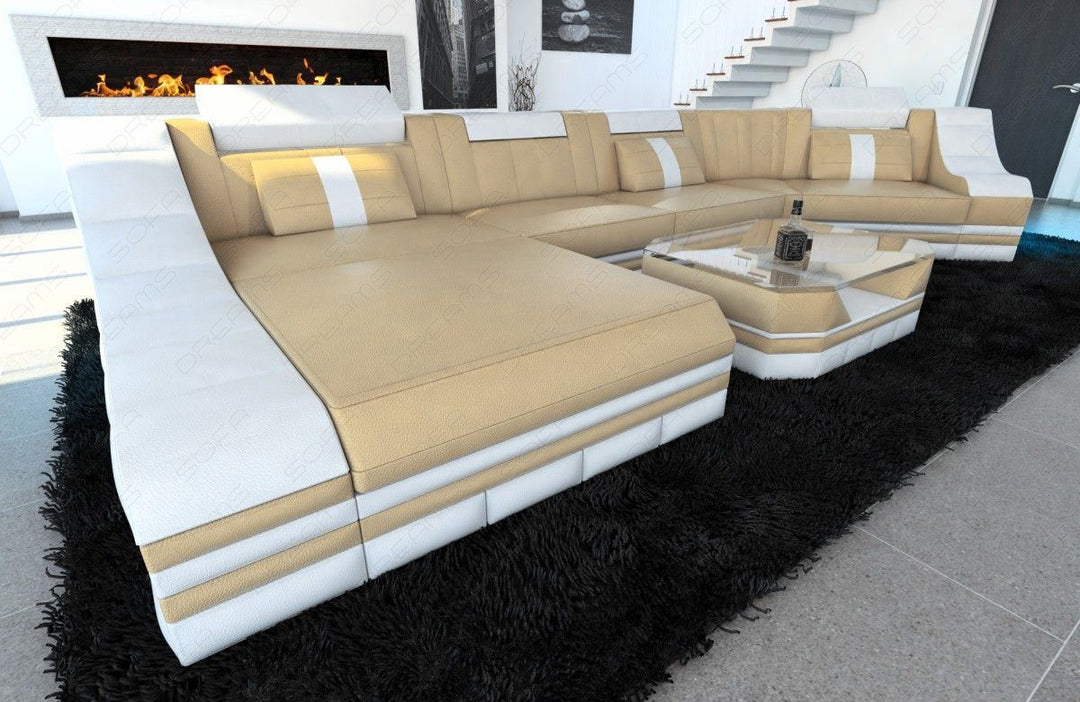 Leder Wohnlandschaft Turino C-Form  in beige weiss