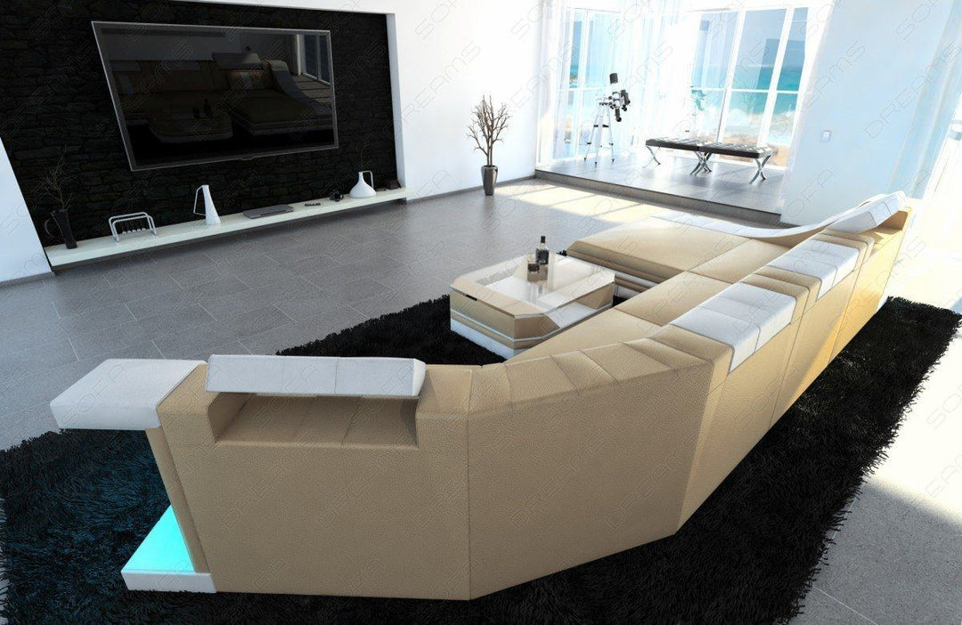 Leder Wohnlandschaft Turino C-Form  in beige weiss