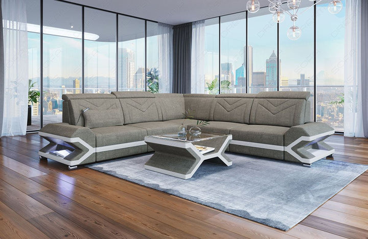 Mini L Form Sofa Sorrento mit LED und Stoffbezug in sand - Hugo15 Strukturstoff