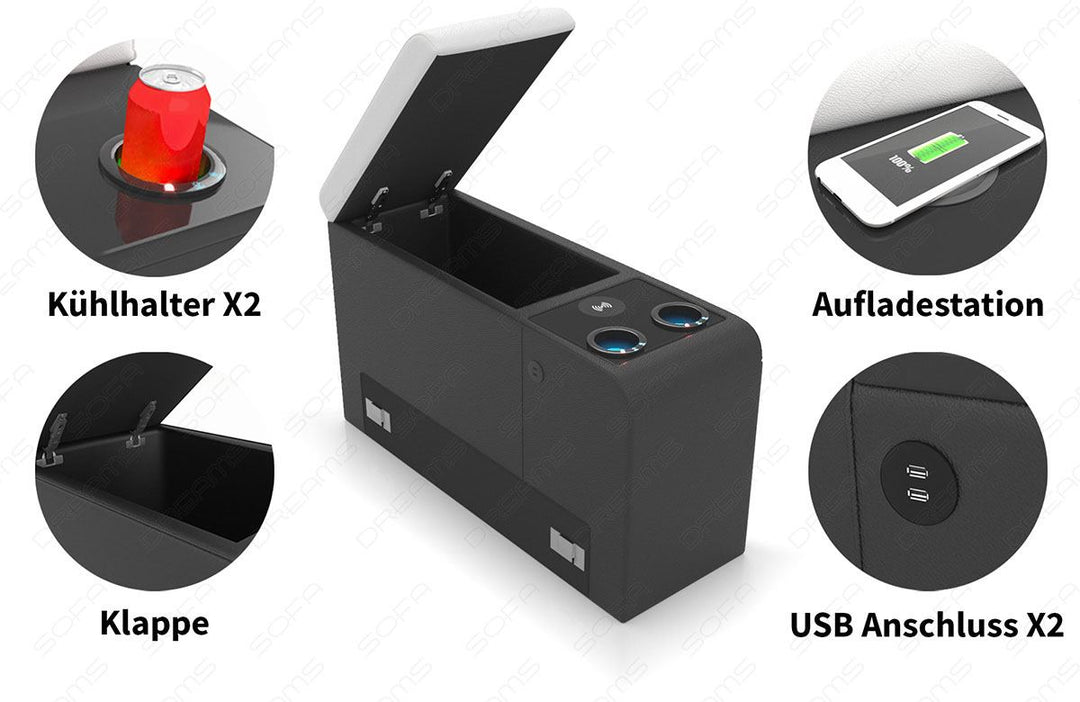Zusatzelement mit kÃ¼hlenden Becherhaltern (LEDs), Induktions-Ladestation mit Fast-Induktion fÃ¼r schnelles Aufladen, Klappe mit Stauraum und 2x USB-Anschluss - geÃ¶ffnet