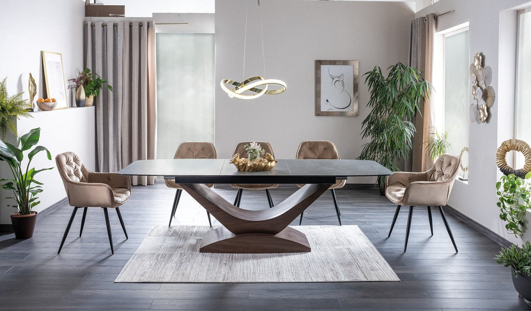 Design Esstisch Dolce mit Tischplatte aus gehÃ¤rtetem Glas und Keramik / Gestellfarbe: Grau-NuÃŸbaum