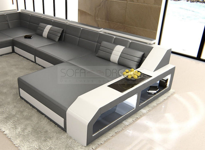U Form XXL Ledersofa Matera Mini in grau-weiÃŸ