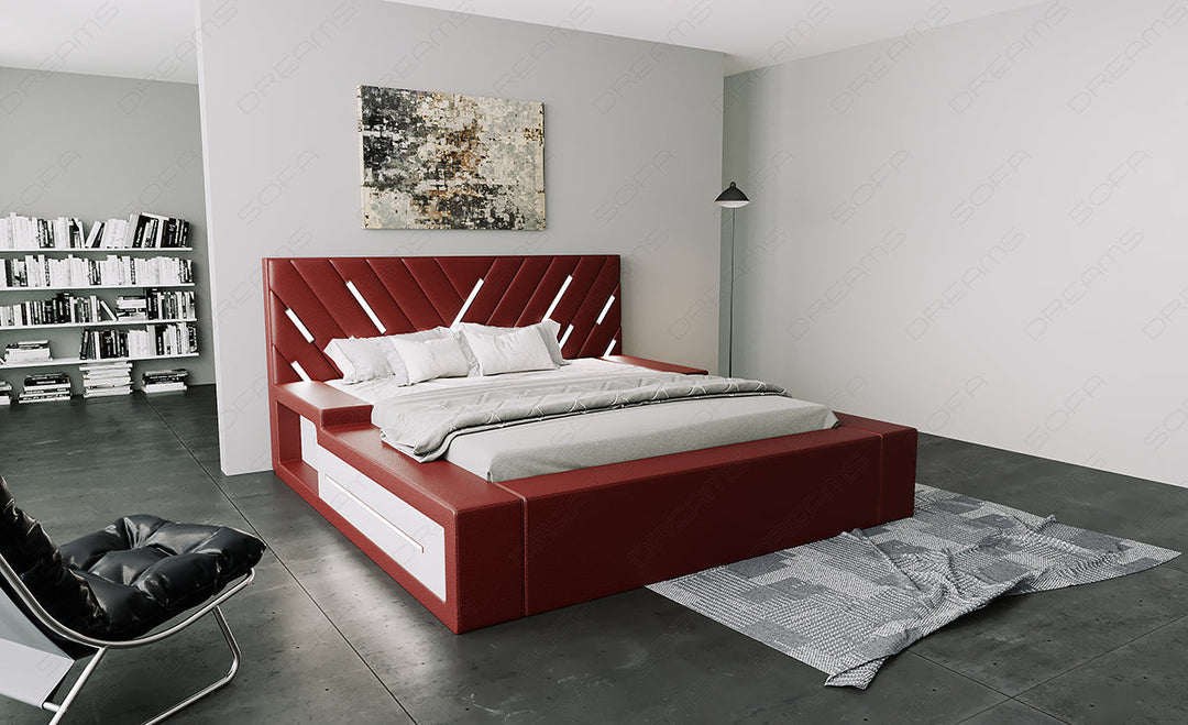 Designer Boxspringbett Contrada in rot-weiÃŸ mit LED Beleuchtung