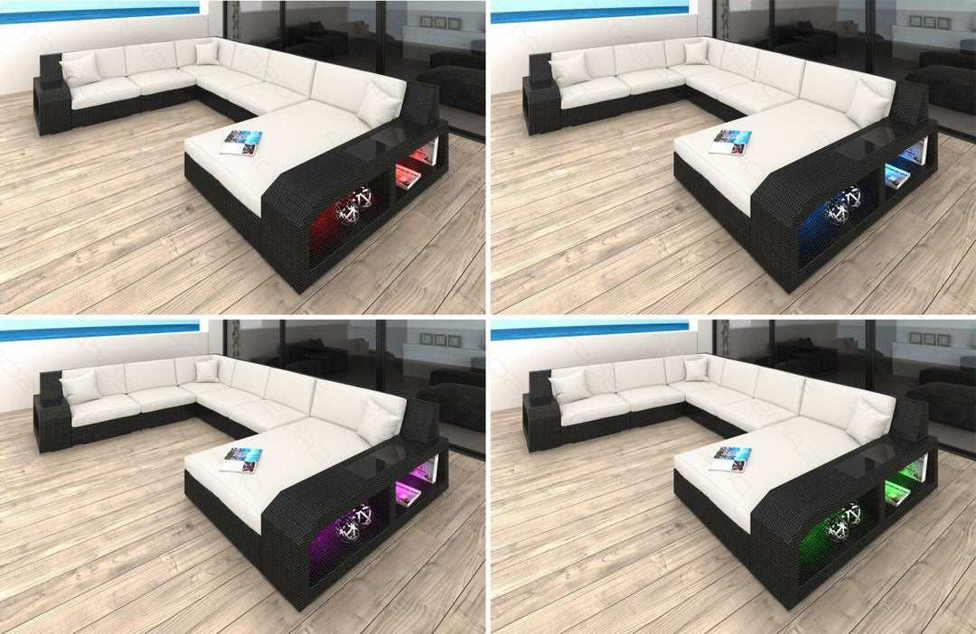 LED-Beleuchtung (Farbwechsel) mit Touch-Wheel Fernbedienung beim Rattansofa Matera L Form