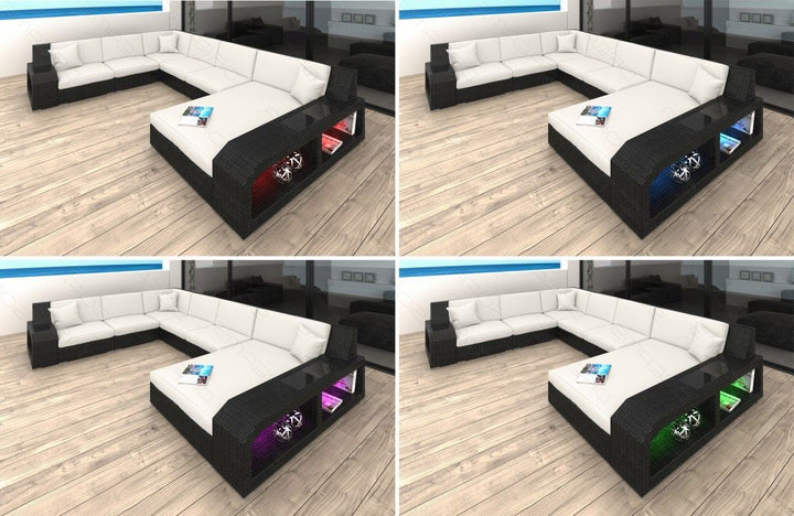 LED-Beleuchtung (Farbwechsel) mit Touch-Wheel Fernbedienung beim Rattansofa Matera L Form