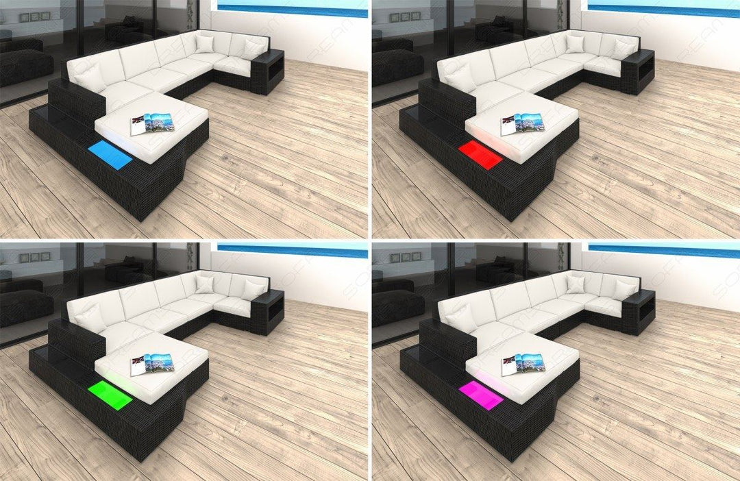 LED-Beleuchtung (Farbwechsel) mit Touch-Wheel Fernbedienung beim Rattansofa Messana U Form