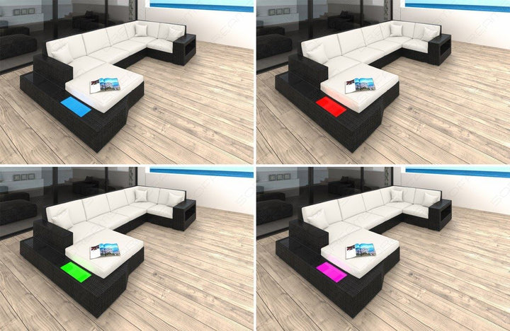 LED-Beleuchtung (Farbwechsel) mit Touch-Wheel Fernbedienung beim Rattansofa Messana U Form