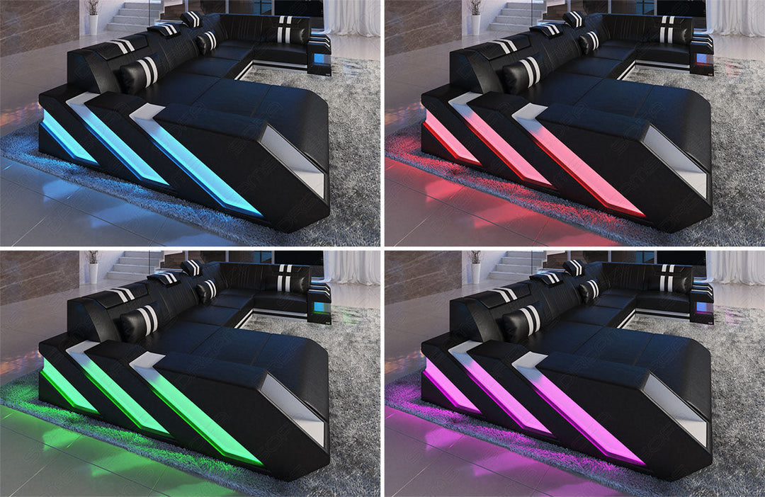 Die Ledersofa Wohnlandschaft Apollonia mit LED RGB Beleuchtung mit Touch Wheel Fernbedienung