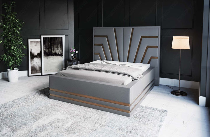 Deluxe Boxspringbett Cecina in Grau mit goldenen Leisten