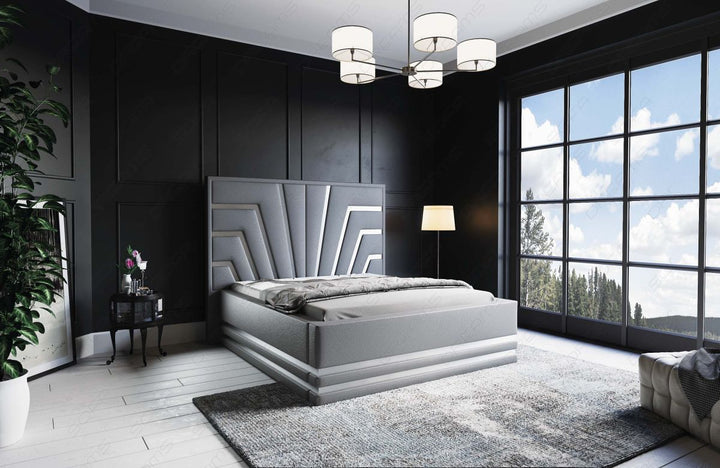 Deluxe Boxspringbett Cecina in Grau mit silbernen Leisten