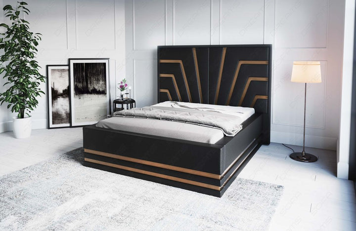 Deluxe Boxspringbett Cecina in Schwarz mit goldenen Leisten