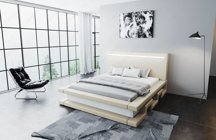 Modernes Leder Boxspringbett Faenza in beige-weiÃŸ