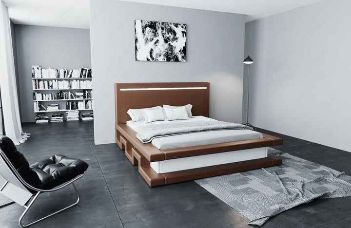 Modernes Leder Boxspringbett Faenza in dunkelbraun-weiÃŸ