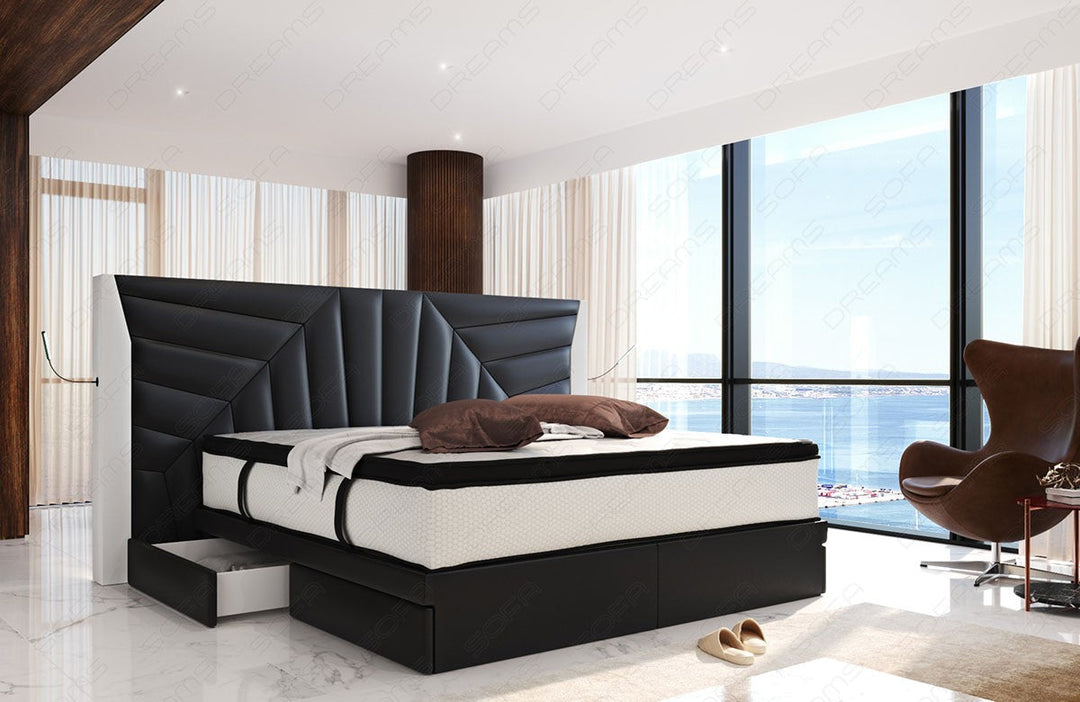 Luxus Boxspringbett Monaco mit Schubladen und LED Beleuchtung in schwarz-weiÃŸ