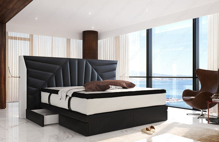 Luxus Boxspringbett Monaco mit Schubladen und LED Beleuchtung in schwarz-weiÃŸ