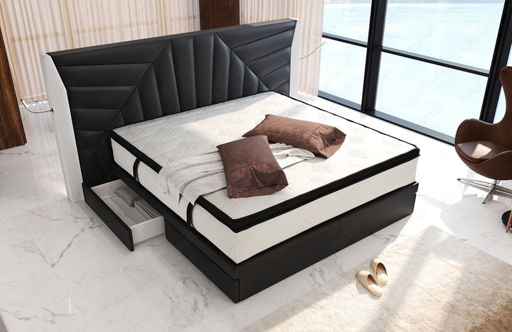 Luxus Boxspringbett Monaco mit Schubladen und LED Beleuchtung in schwarz-weiÃŸ