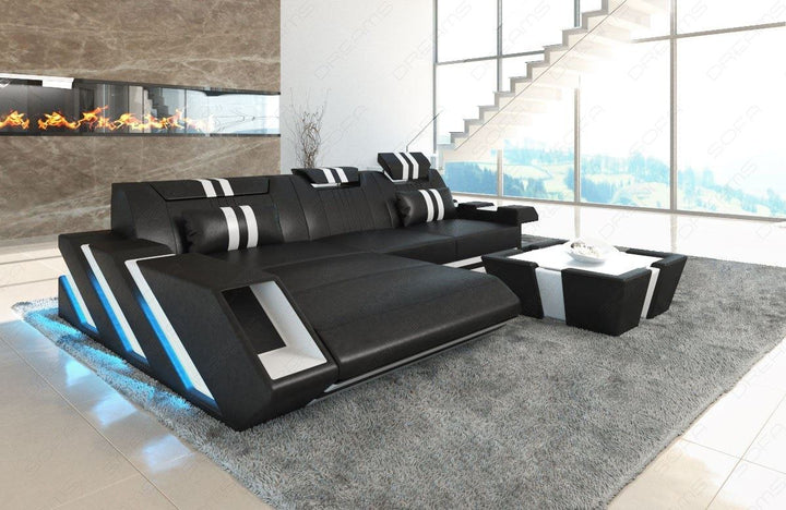Couch Apollonia L Form mit LED  in schwarz-weiss