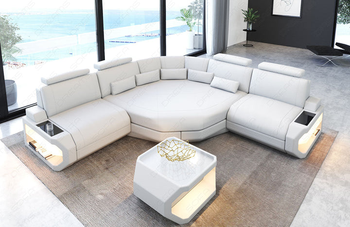 Design Leder Ecksofa Asti L Mini mit LED Beleuchtung in weiÃŸ