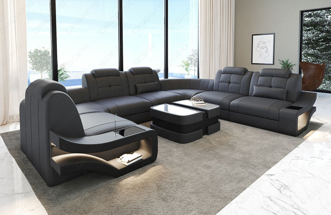 Moderne Ledersofa Wohnlandschaft Elena U Form in grau-schwarz