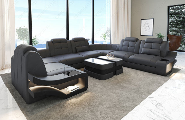 Moderne Ledersofa Wohnlandschaft Elena U Form in grau-schwarz