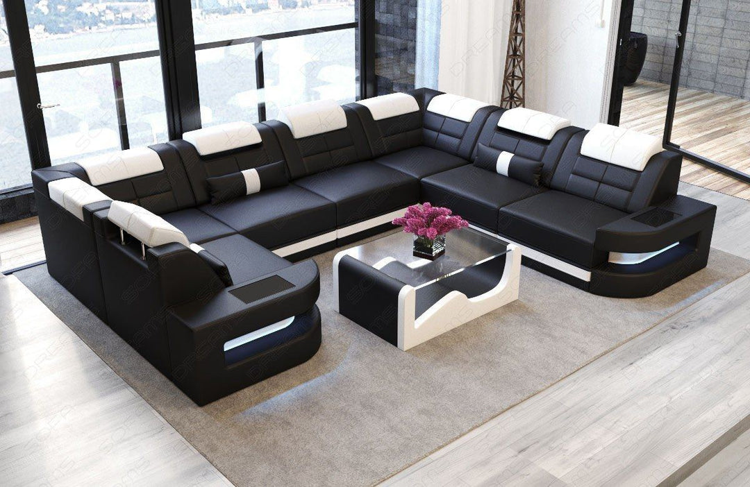 Design Eckcouch Lederbezug mit LED Beleuchtung Couch schwarz