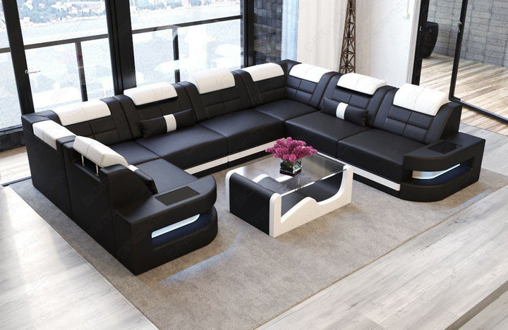 Design Eckcouch Lederbezug mit LED Beleuchtung Couch schwarz