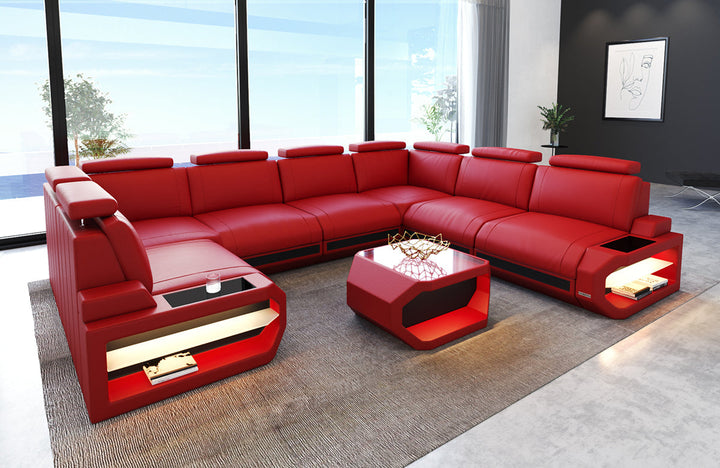 Leder Wohnlandschaft Siena U Form in rot-schwarz