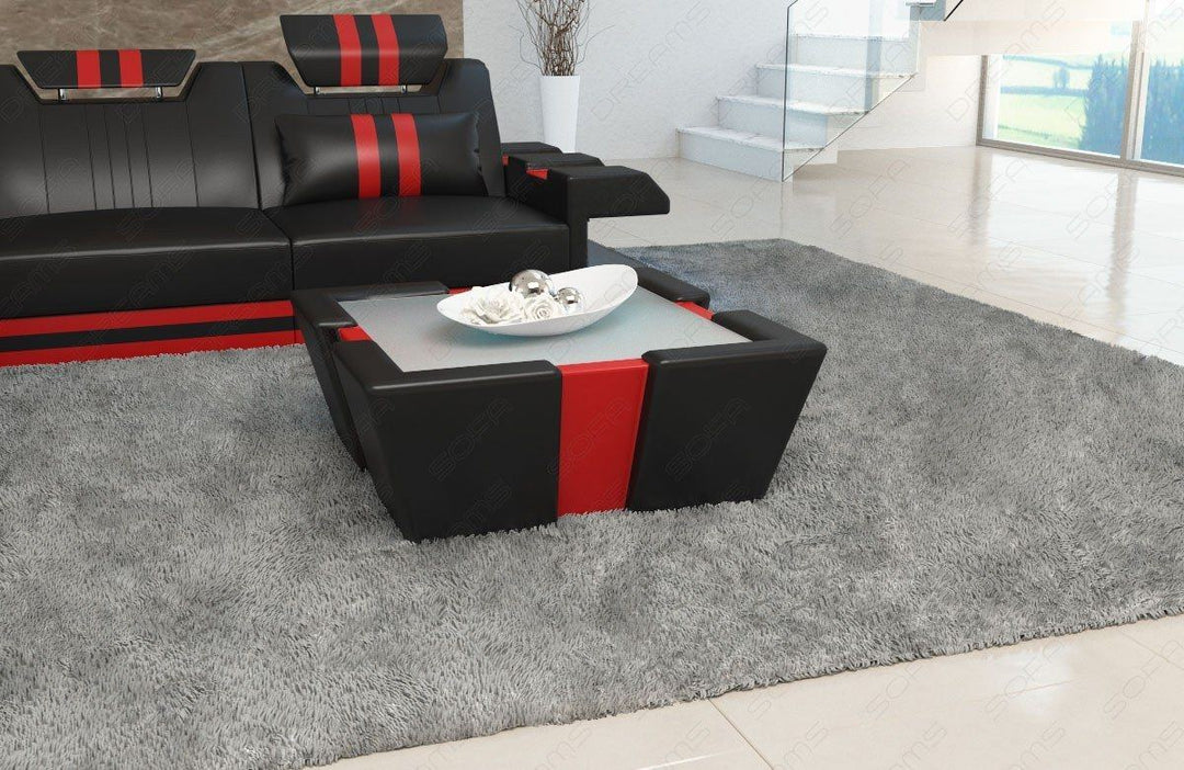 Moderner Couchtisch Apollonia in Leder schwarz-rot
