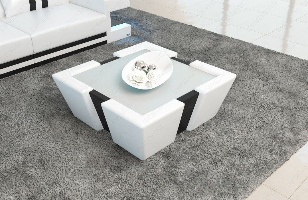Leder Couchtisch Apollonia LED in weiss-schwarz