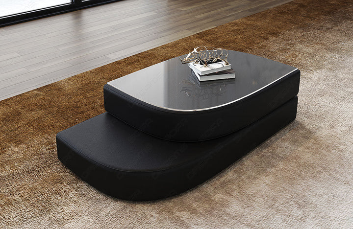 Design Leder Couchtisch Bari in schwarz mit Sicherheitsglasplatte