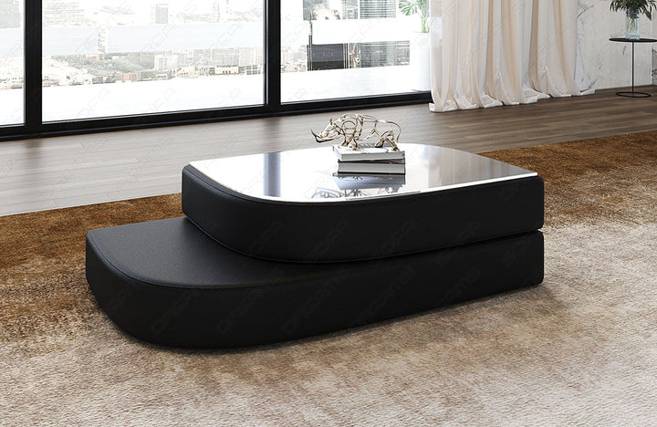 Design Leder Couchtisch Bari in schwarz mit Sicherheitsglasplatte