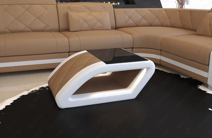 Design Couchtisch Swing in Leder hellbraun mit Tischplatte aus schwarzem Glas