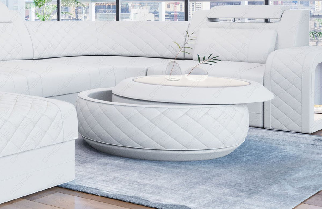 Design Couchtisch Berlin in Leder mit Stauraum in weiss