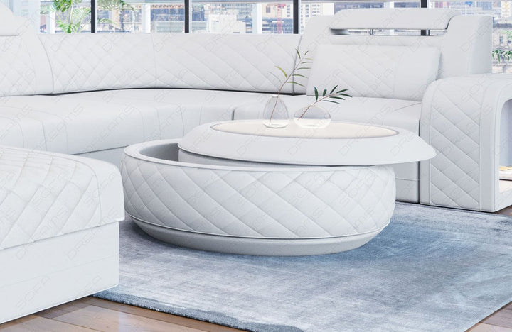 Design Couchtisch Berlin in Leder mit Stauraum in weiss