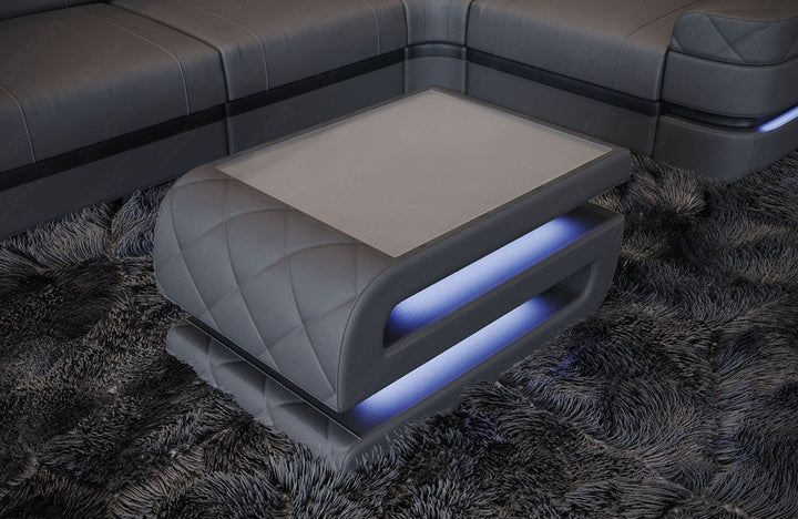 Ledercouchtisch Bologna in grau mit optionaler LED Beleuchtung 