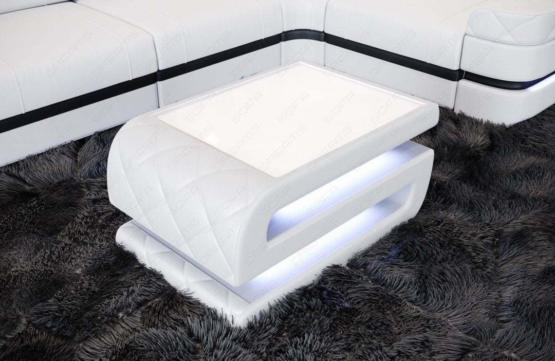 Ledercouchtisch Bologna in weiÃŸ mit optionaler LED Beleuchtung 