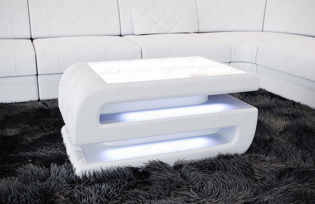 Ledercouchtisch Bologna in weiÃŸ mit optionaler LED Beleuchtung 