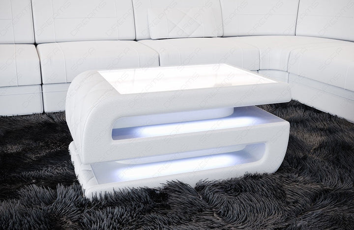 Ledercouchtisch Bologna in weiÃŸ mit optionaler LED Beleuchtung 