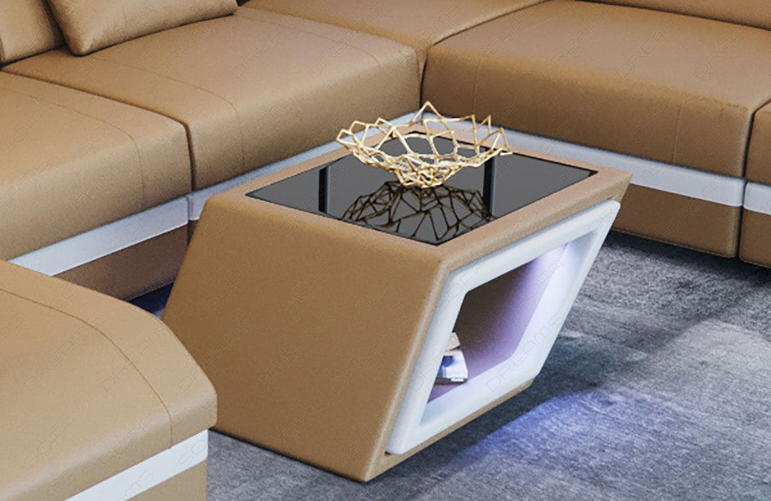 Designer Leder Couchtisch Catania in sandbeige - weiss