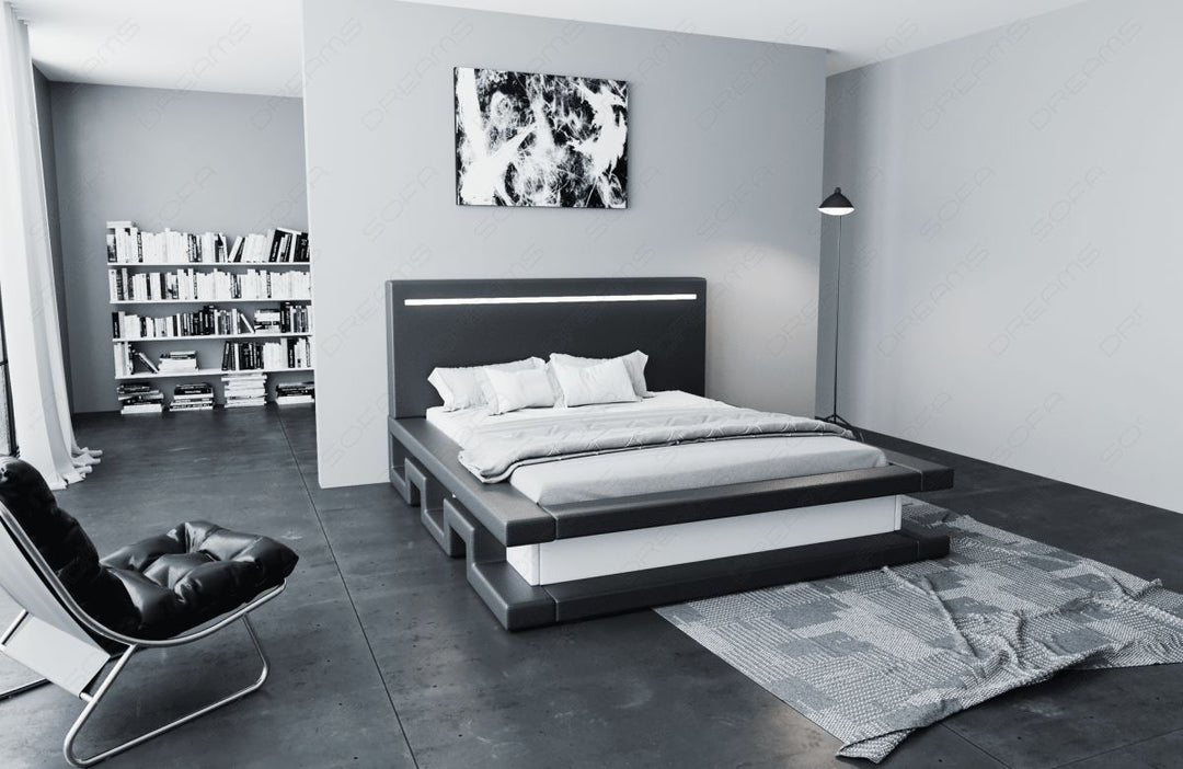 Designer Bett Faenza mit LED Beleuchtung - Kunstleder grau-weiÃŸ